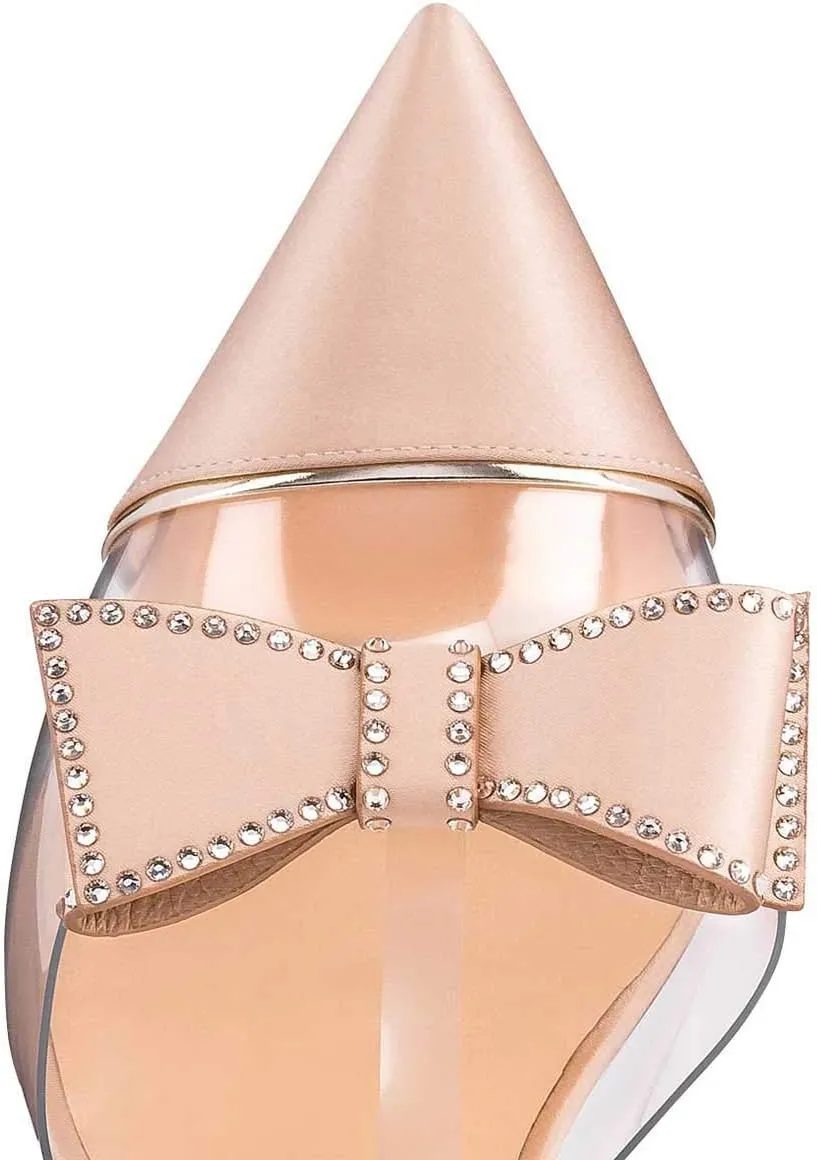 FSJ Women Clear T Strap Pointed Toe Stiletto High Heels Dress Pumps Sandals with Rhinestone Studded Bows Size 4-15 US
