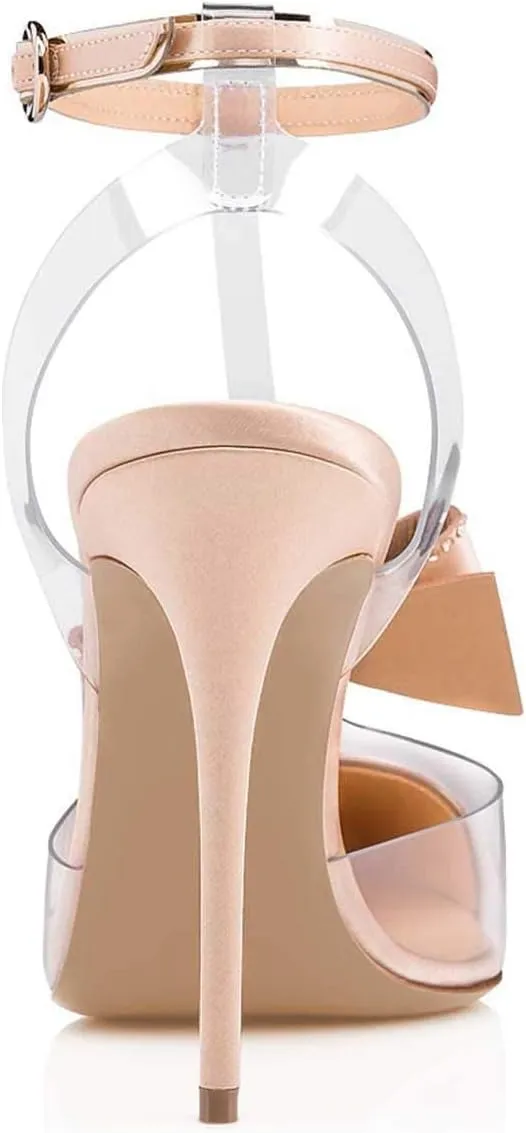 FSJ Women Clear T Strap Pointed Toe Stiletto High Heels Dress Pumps Sandals with Rhinestone Studded Bows Size 4-15 US