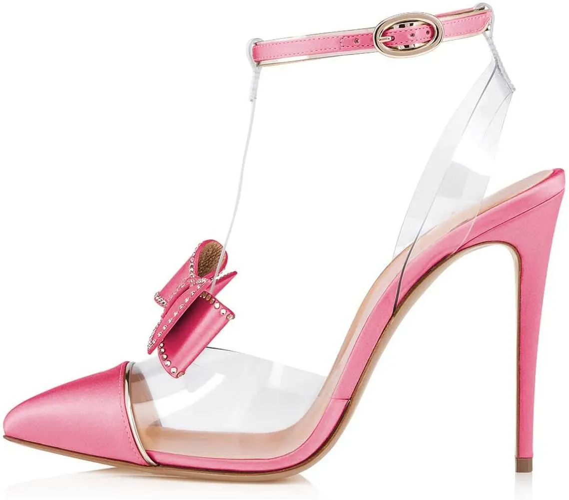FSJ Women Clear T Strap Pointed Toe Stiletto High Heels Dress Pumps Sandals with Rhinestone Studded Bows Size 4-15 US