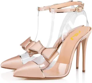 FSJ Women Clear T Strap Pointed Toe Stiletto High Heels Dress Pumps Sandals with Rhinestone Studded Bows Size 4-15 US