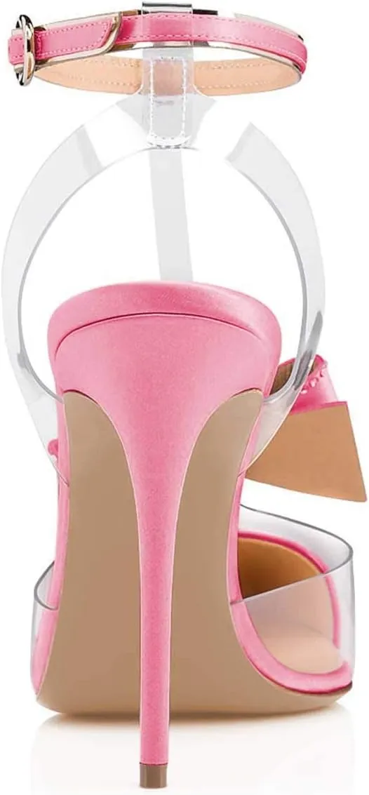 FSJ Women Clear T Strap Pointed Toe Stiletto High Heels Dress Pumps Sandals with Rhinestone Studded Bows Size 4-15 US