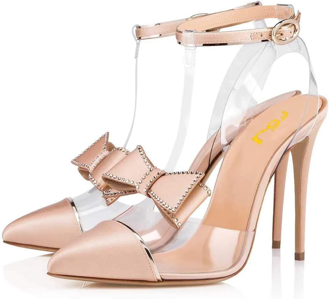 FSJ Women Clear T Strap Pointed Toe Stiletto High Heels Dress Pumps Sandals with Rhinestone Studded Bows Size 4-15 US