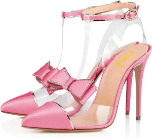 FSJ Women Clear T Strap Pointed Toe Stiletto High Heels Dress Pumps Sandals with Rhinestone Studded Bows Size 4-15 US