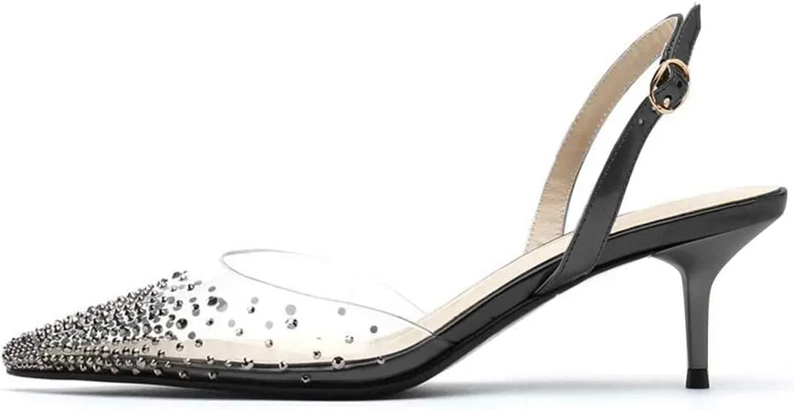 FSJ Women Crystal Studded Clear Pumps Sparkle Rhinestones Mid Low Heel Sandals Slingback D'orsay Pointed Toe Wedding Shoes Size 4-15 US