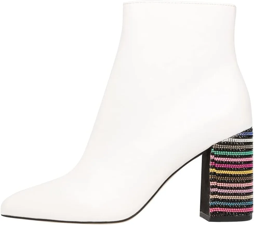 FSJ Women Fashion Pointed Toe Ankle Boots Rhinestone Studded Block Stacked Chunky Heel Comfy Side Zipper Booties Size US 4-15