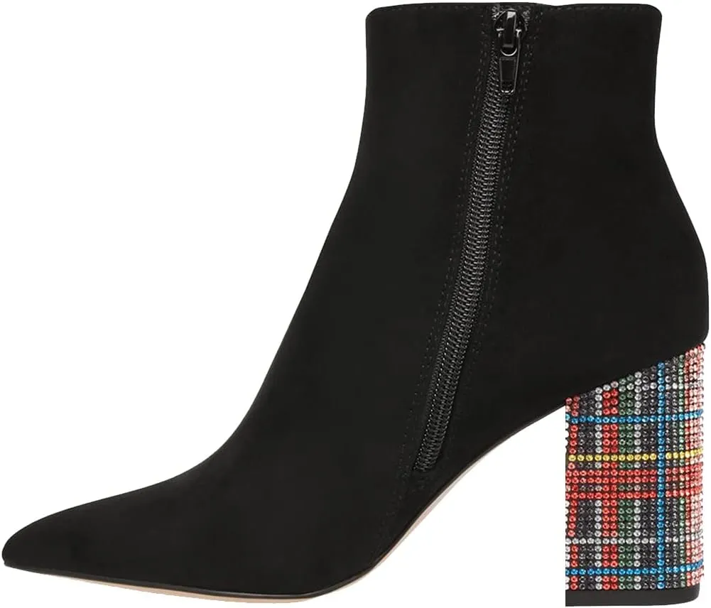 FSJ Women Fashion Pointed Toe Ankle Boots Rhinestone Studded Block Stacked Chunky Heel Comfy Side Zipper Booties Size US 4-15