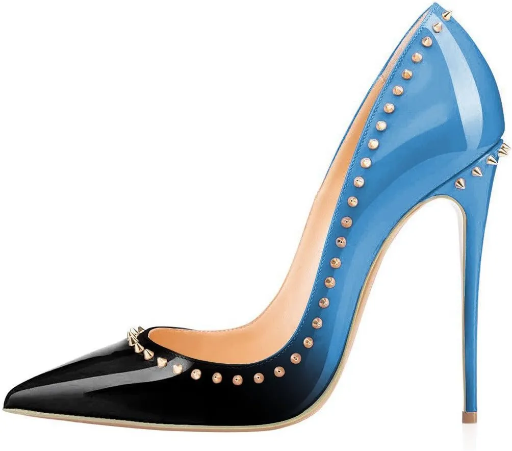 FSJ Women Pumps Pointed Toe High Heel Stilettos Rivets Studded Patent Leather Shoes Size 4-15 US