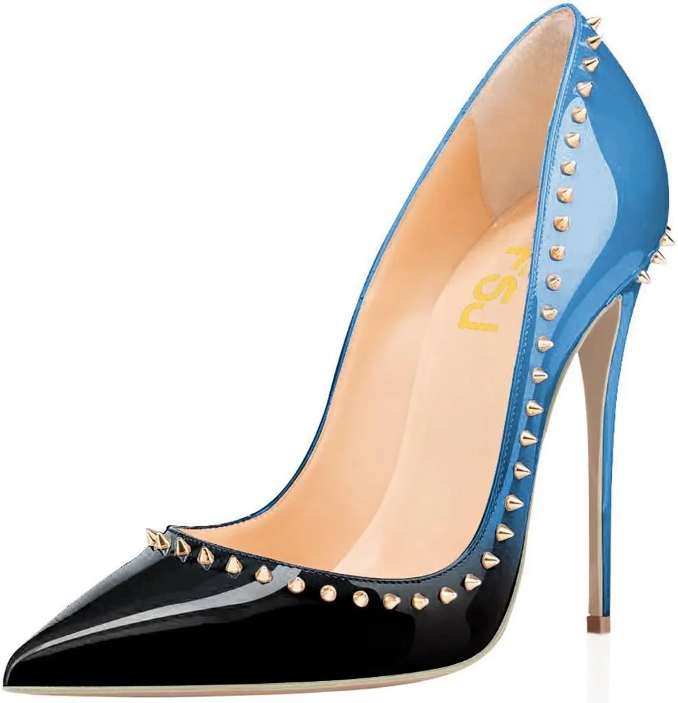 FSJ Women Pumps Pointed Toe High Heel Stilettos Rivets Studded Patent Leather Shoes Size 4-15 US