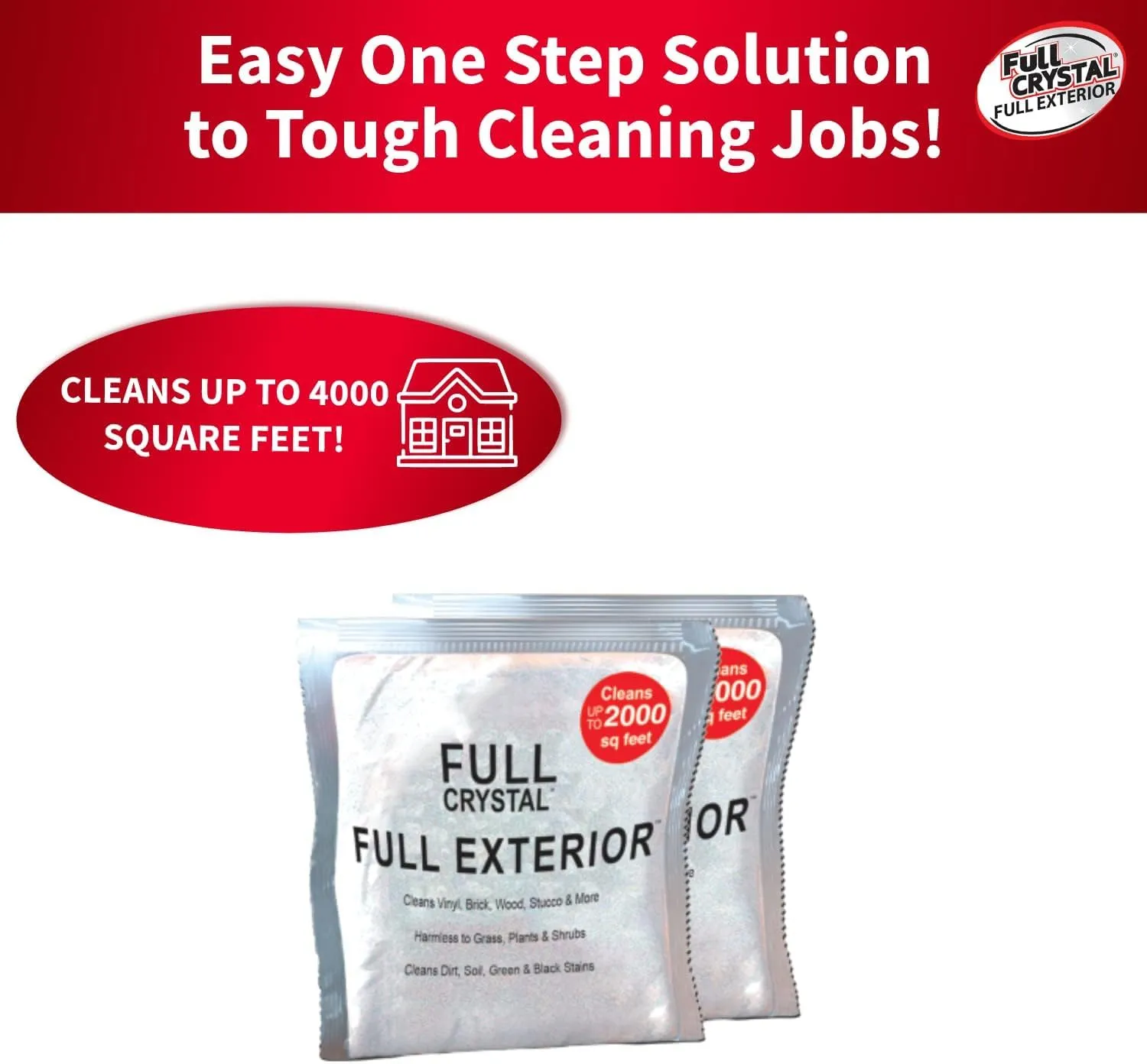 Full Crystal Exterior Refill Kits-Crystal Powder Outdoor Cleaner Packets Non-Toxic, No Scrub, No Rinse Cleaning Solution 8oz. Refill Kit Parent (16oz)