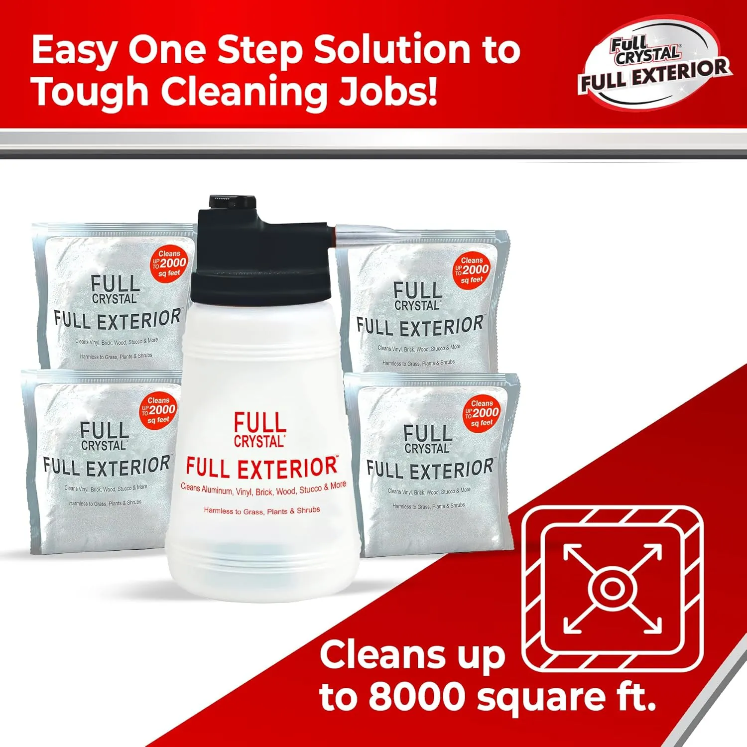 Full Exterior Kit - Bottle, Lid with Hose Attachment and Four 4 oz. Crystal Powder Outdoor Cleaner : Non-Toxic, No Scrub, No Rinse Cleaning Kit - Shipped Product Packaging May Vary