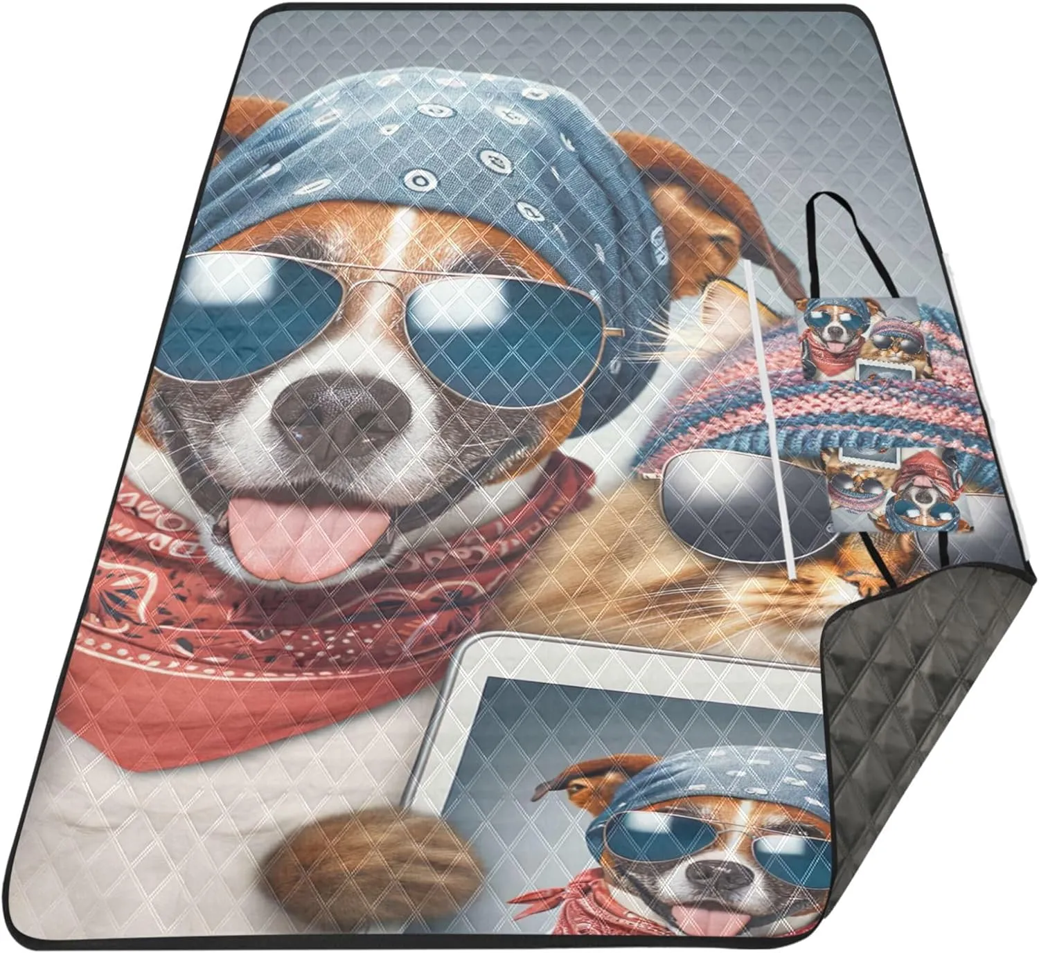 Funny Animal Selfie Dog Cat Beach Mat Sand Free Waterproof Outdoor Blanket Camping Mat Cute Picnic Blanket Foldable 80" x 60"
