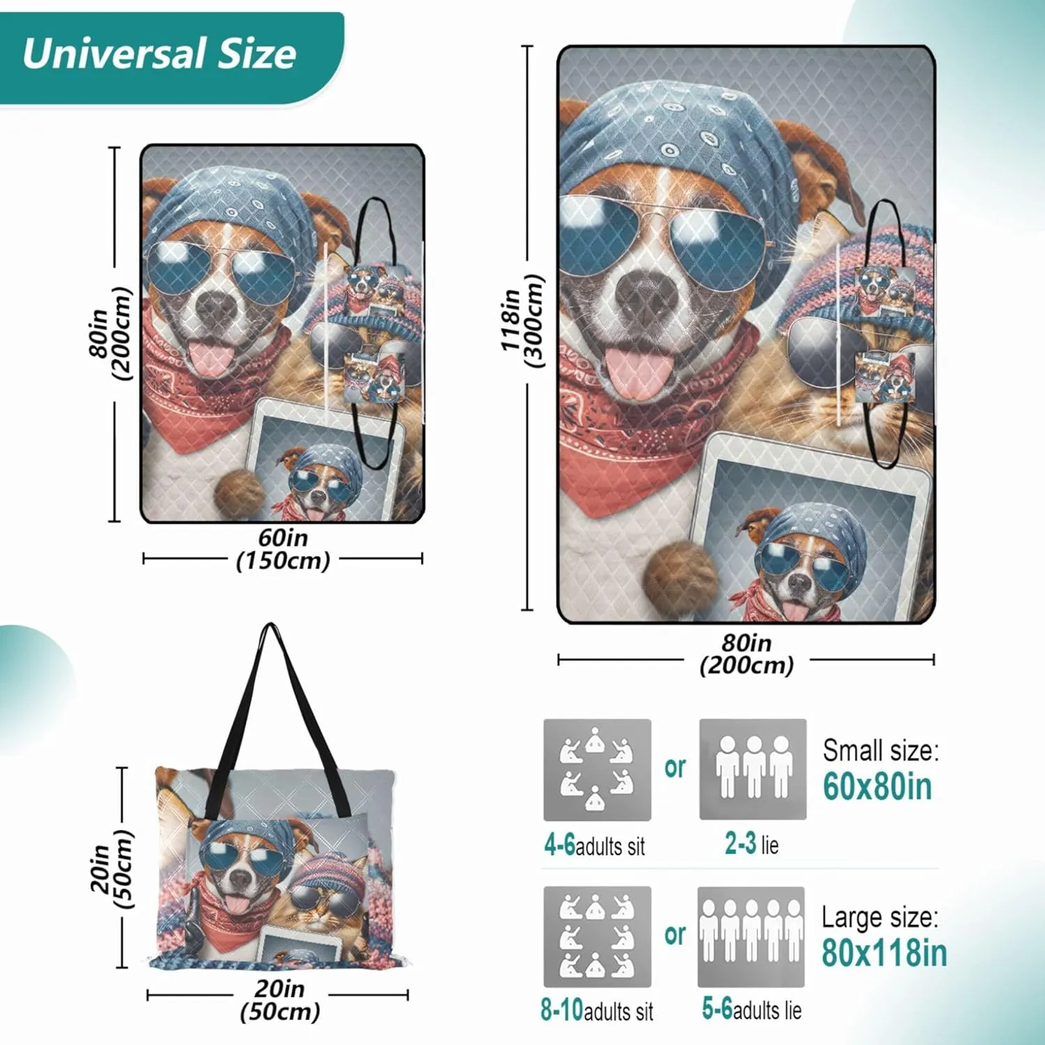 Funny Animal Selfie Dog Cat Beach Mat Sand Free Waterproof Outdoor Blanket Camping Mat Cute Picnic Blanket Foldable 80" x 60"