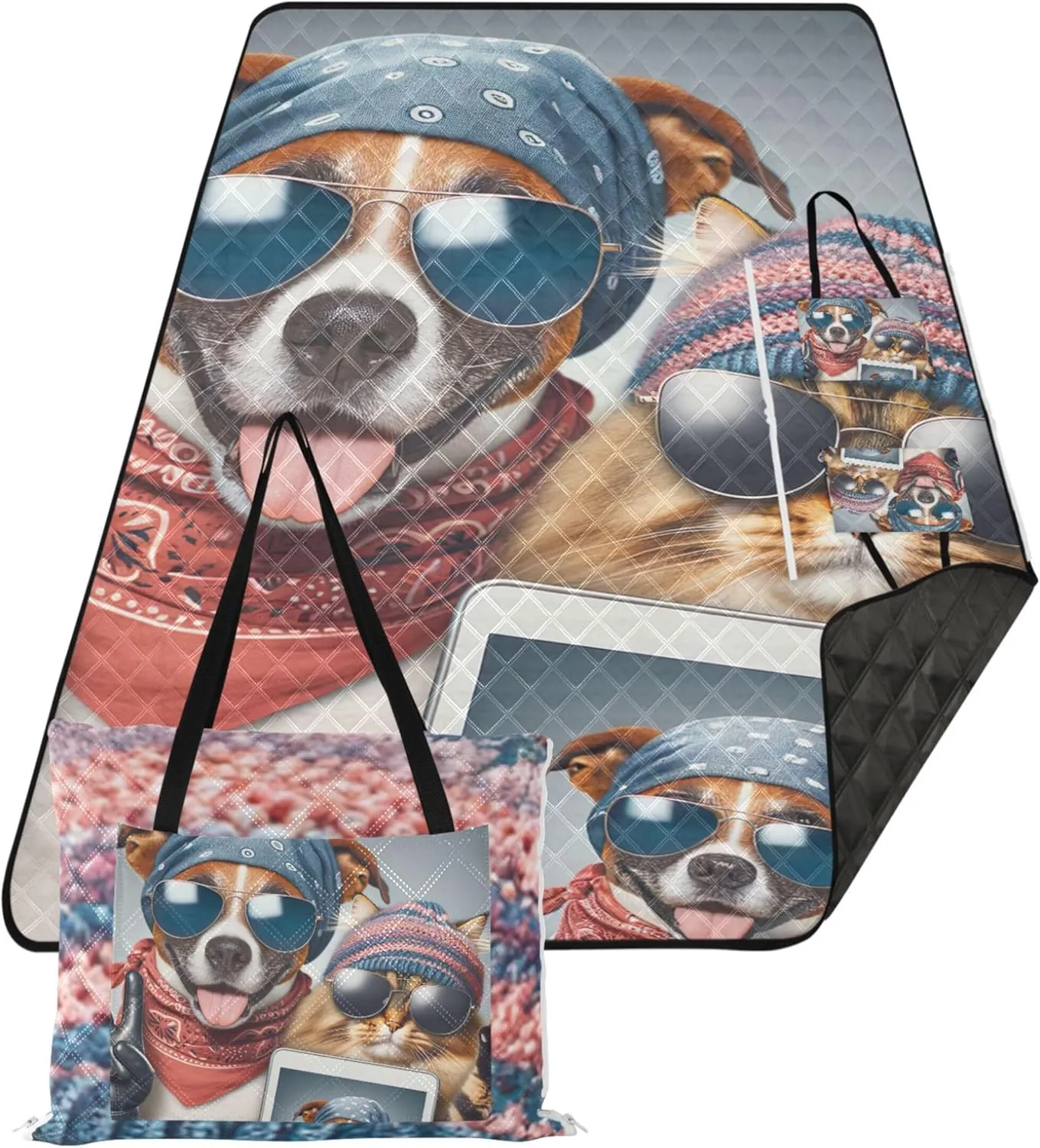 Funny Animal Selfie Dog Cat Beach Mat Sand Free Waterproof Outdoor Blanket Camping Mat Cute Picnic Blanket Foldable 80" x 60"