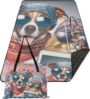 Funny Animal Selfie Dog Cat Beach Mat Sand Free Waterproof Outdoor Blanket Camping Mat Cute Picnic Blanket Foldable 80" x 60"