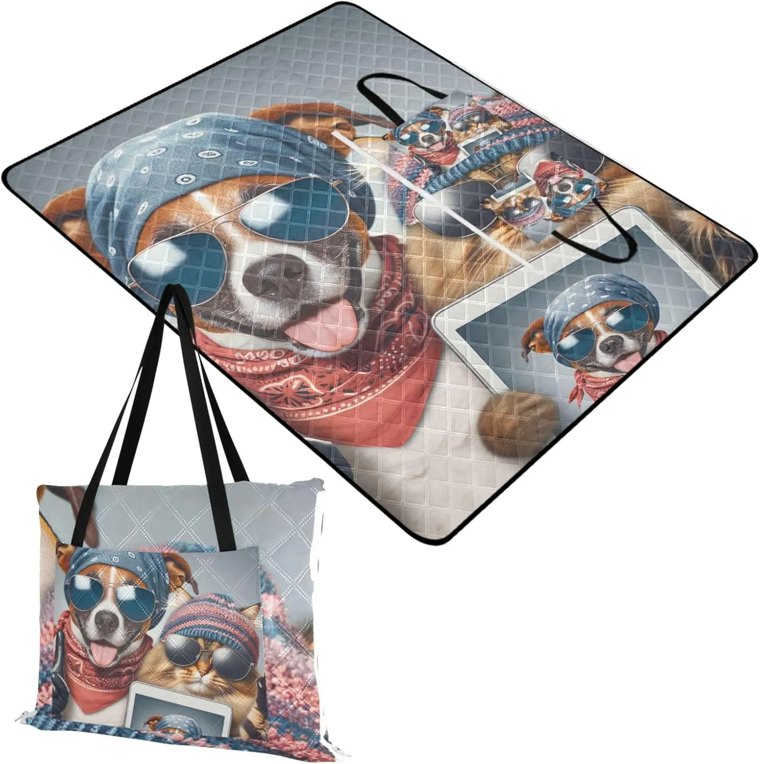 Funny Animal Selfie Dog Cat Beach Mat Sand Free Waterproof Outdoor Blanket Camping Mat Cute Picnic Blanket Foldable 80" x 60"