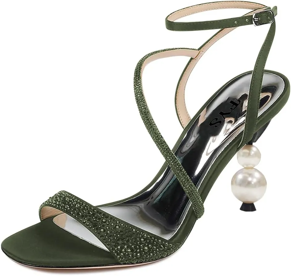 FYS Women Rhinestone Studded Open Toe Sandals Strappy Pearl Block High Heels Ankle Strap Evening Party Prom Shoes Size 4-15 US