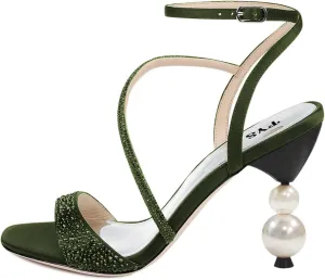 FYS Women Rhinestone Studded Open Toe Sandals Strappy Pearl Block High Heels Ankle Strap Evening Party Prom Shoes Size 4-15 US