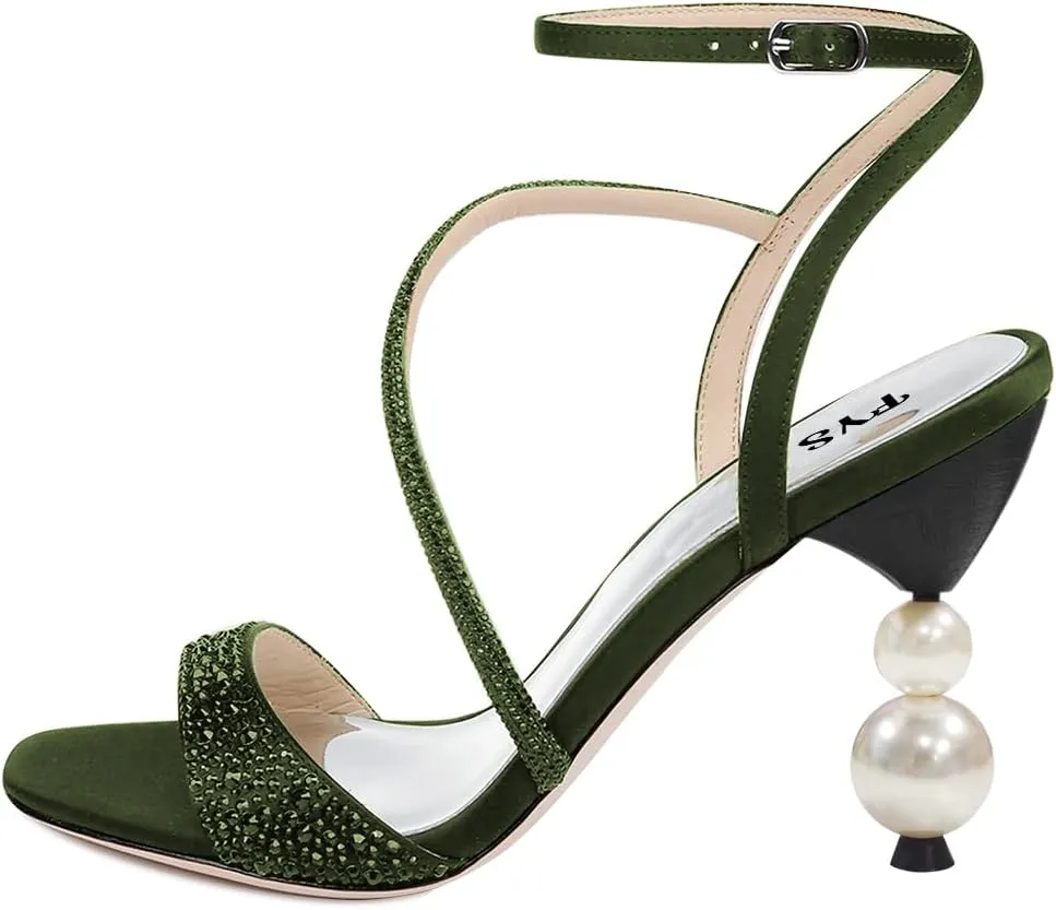 FYS Women Rhinestone Studded Open Toe Sandals Strappy Pearl Block High Heels Ankle Strap Evening Party Prom Shoes Size 4-15 US