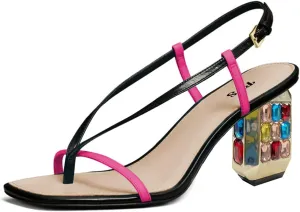 FYS Women Square Split Toe Sandals Gemstone Studded Block Mid Heel Slingbacks Glitter Party Prom Shoes Size 4-15 US