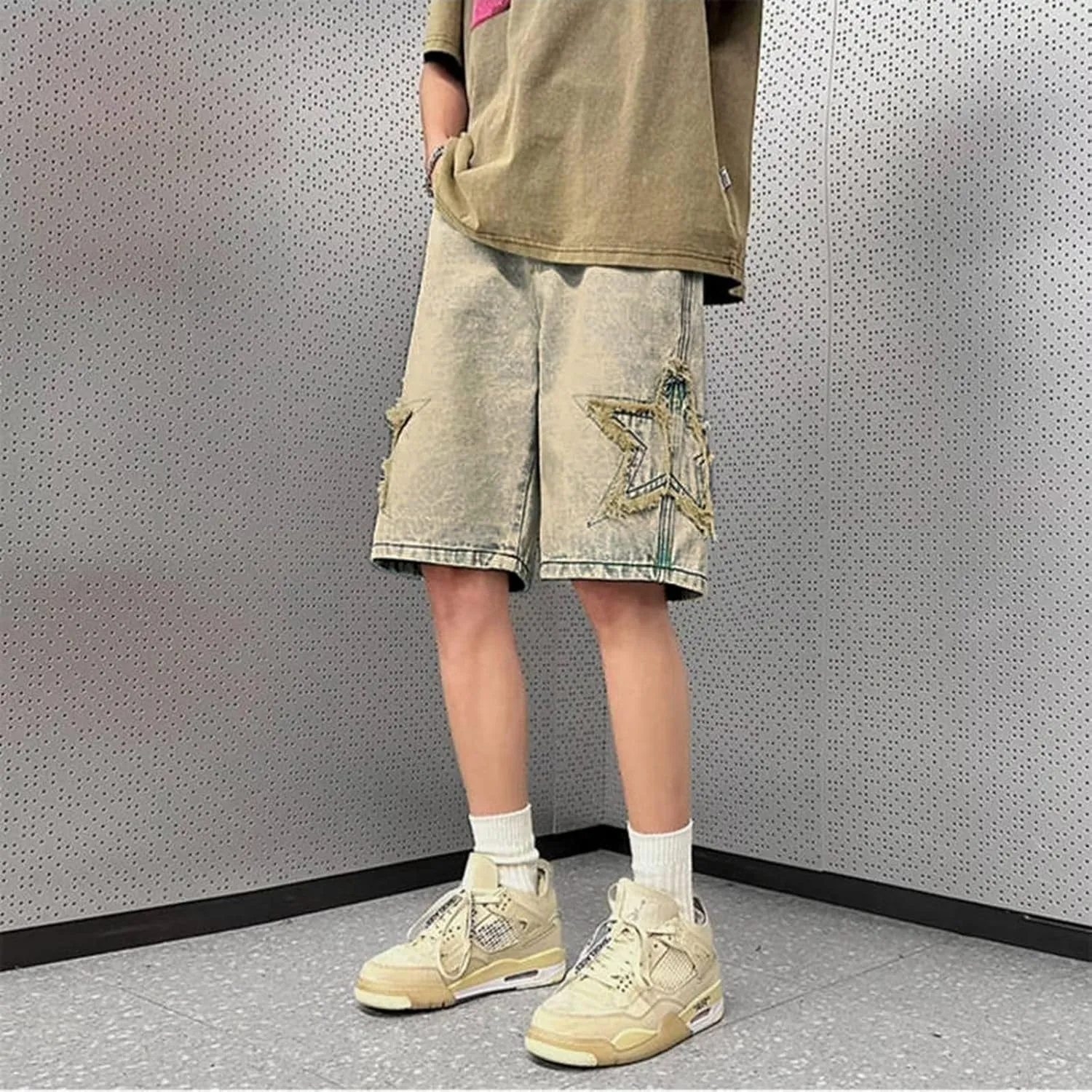 FZVYD Jorts Men Women Denim Shorts Y2k Baggy Star Jorts Jeans Loose Fit Patchwork Jeans Shorts Y2k Fashion Loose Streetwear