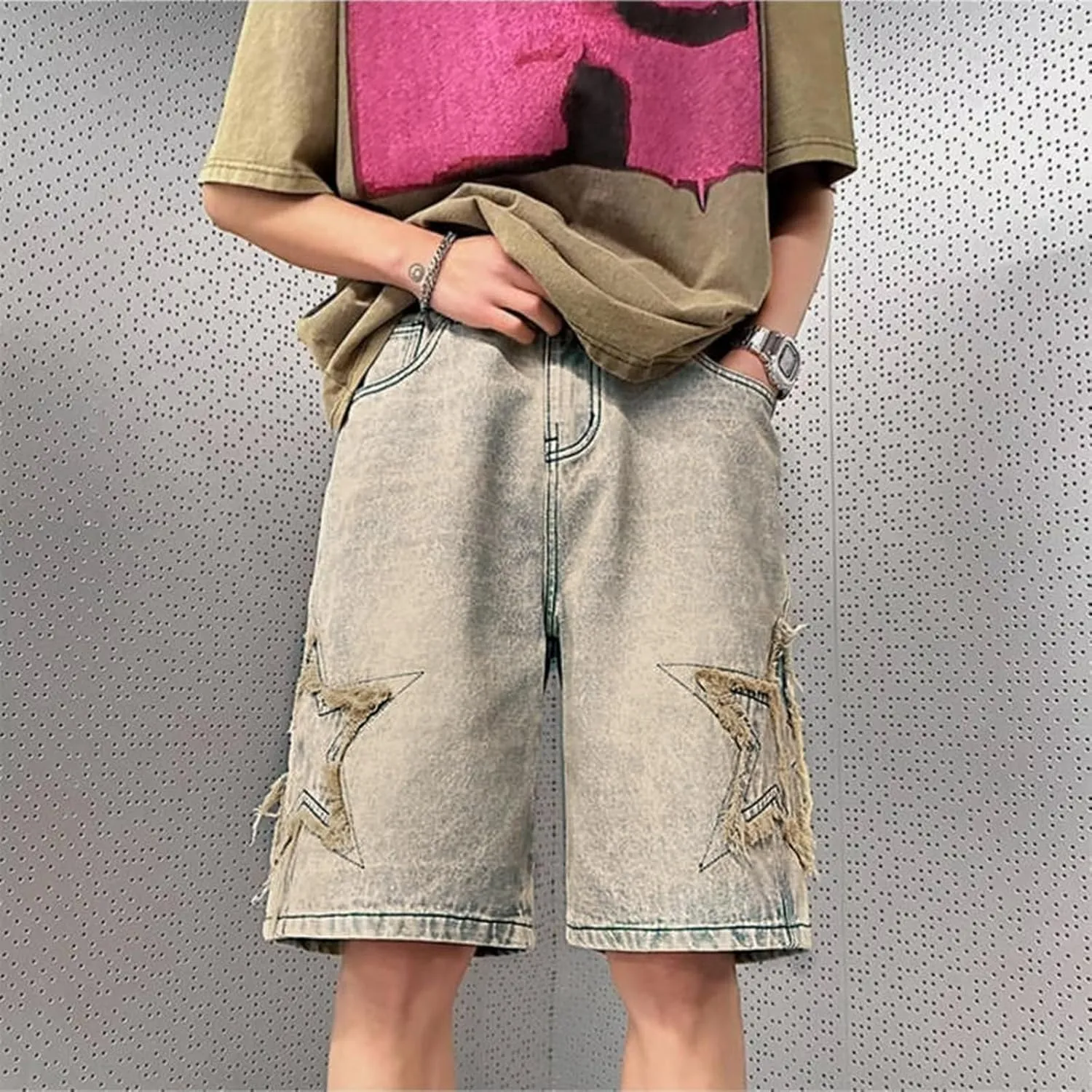 FZVYD Jorts Men Women Denim Shorts Y2k Baggy Star Jorts Jeans Loose Fit Patchwork Jeans Shorts Y2k Fashion Loose Streetwear