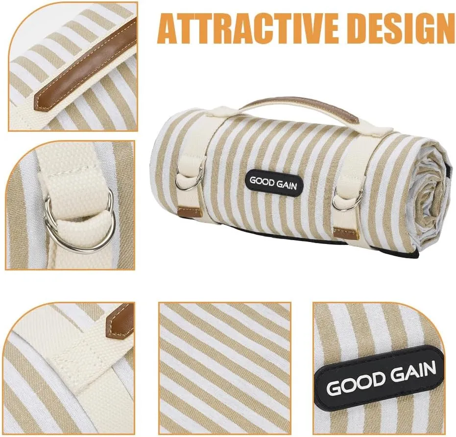 G GOOD GAIN Picnic Blankets Waterproof Extra Large - Outdoor Blanket Sand Free Foldable with Carry Strap for Beach, Camping, Park Grass, Hiking, Travel, Concerts, Indoor (Sand Yellow)