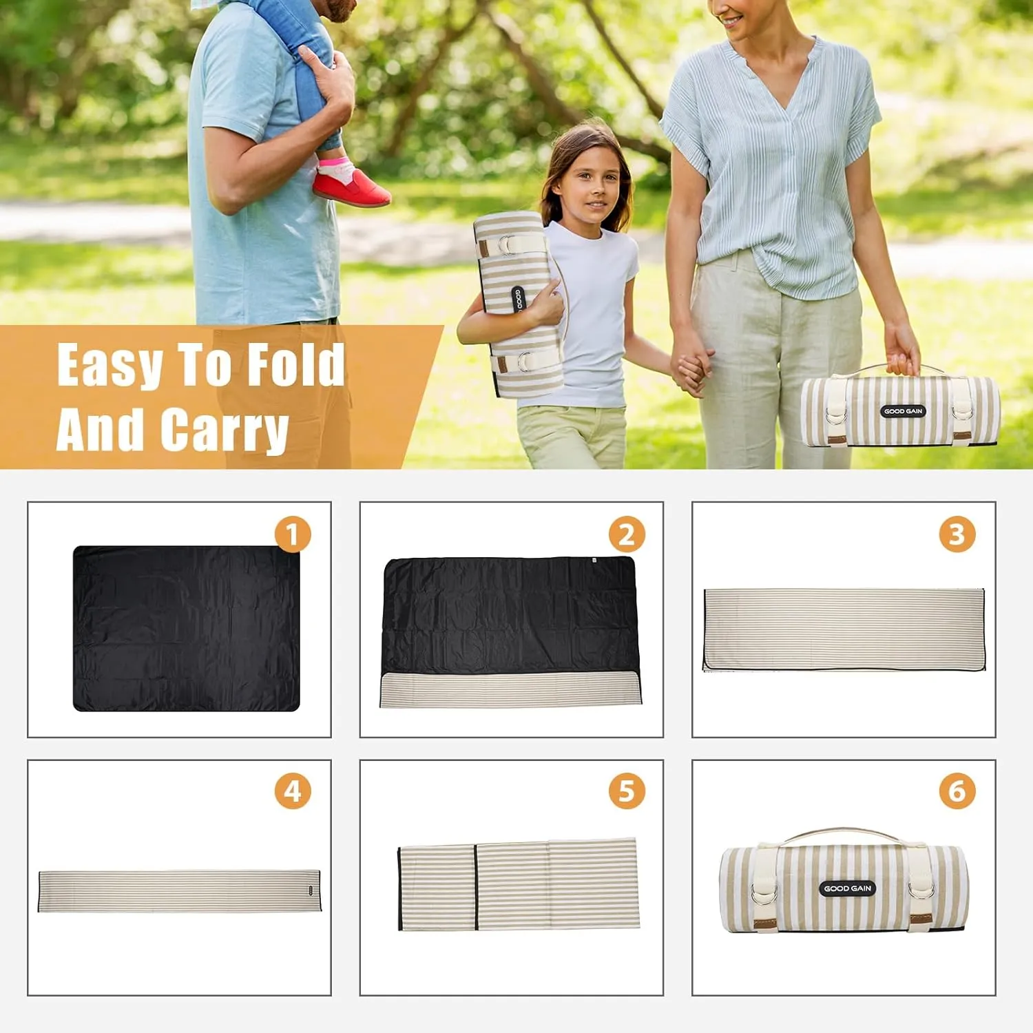 G GOOD GAIN Picnic Blankets Waterproof Extra Large - Outdoor Blanket Sand Free Foldable with Carry Strap for Beach, Camping, Park Grass, Hiking, Travel, Concerts, Indoor (Sand Yellow)