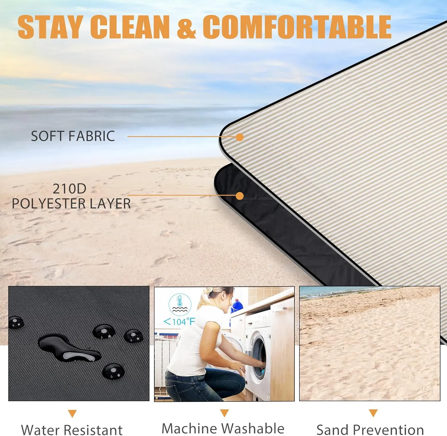 G GOOD GAIN Picnic Blankets Waterproof Extra Large - Outdoor Blanket Sand Free Foldable with Carry Strap for Beach, Camping, Park Grass, Hiking, Travel, Concerts, Indoor (Sand Yellow)