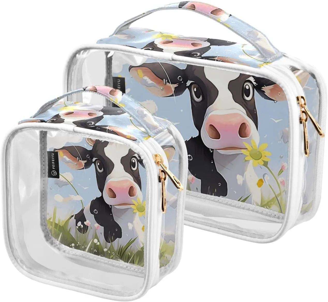GAIGEO Meadow Daisy Cow Clear Toiletry Bag Set, Clear Storage Bag, Womens Toiletry Bag Travel, 2 Pack