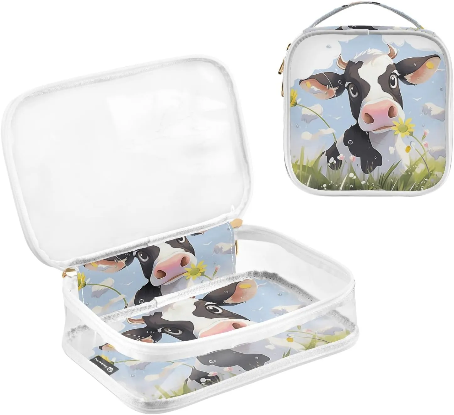 GAIGEO Meadow Daisy Cow Clear Toiletry Bag Set, Clear Storage Bag, Womens Toiletry Bag Travel, 2 Pack