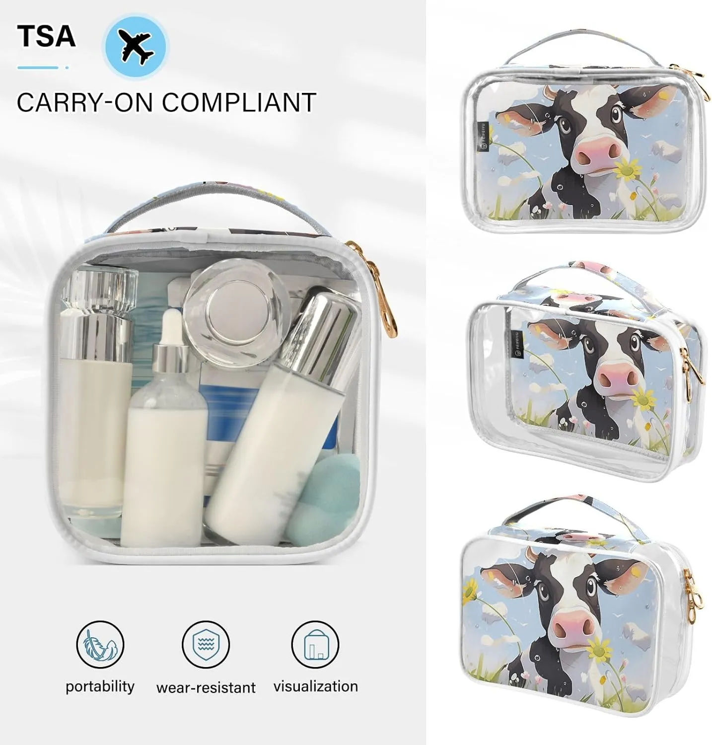 GAIGEO Meadow Daisy Cow Clear Toiletry Bag Set, Clear Storage Bag, Womens Toiletry Bag Travel, 2 Pack