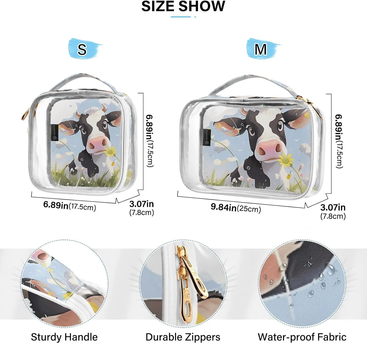GAIGEO Meadow Daisy Cow Clear Toiletry Bag Set, Clear Storage Bag, Womens Toiletry Bag Travel, 2 Pack