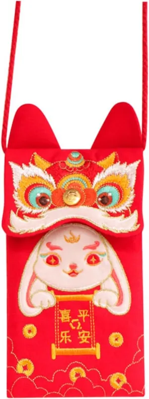 GANAZONO Embroidered Rabbit Year Cash Envelope Crossbody Bag Rope Retro Chinese Design for Spring Festival Supplies and Year