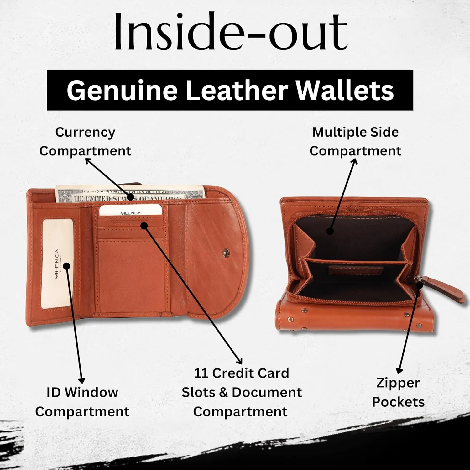 Genuine Italian Leather Boho Studded Trifold Double Flap Closure Wallet – Zipper Coin Purse & Credit Card Holder for Women (Cognac)