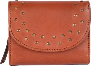Genuine Italian Leather Boho Studded Trifold Double Flap Closure Wallet – Zipper Coin Purse & Credit Card Holder for Women (Cognac)