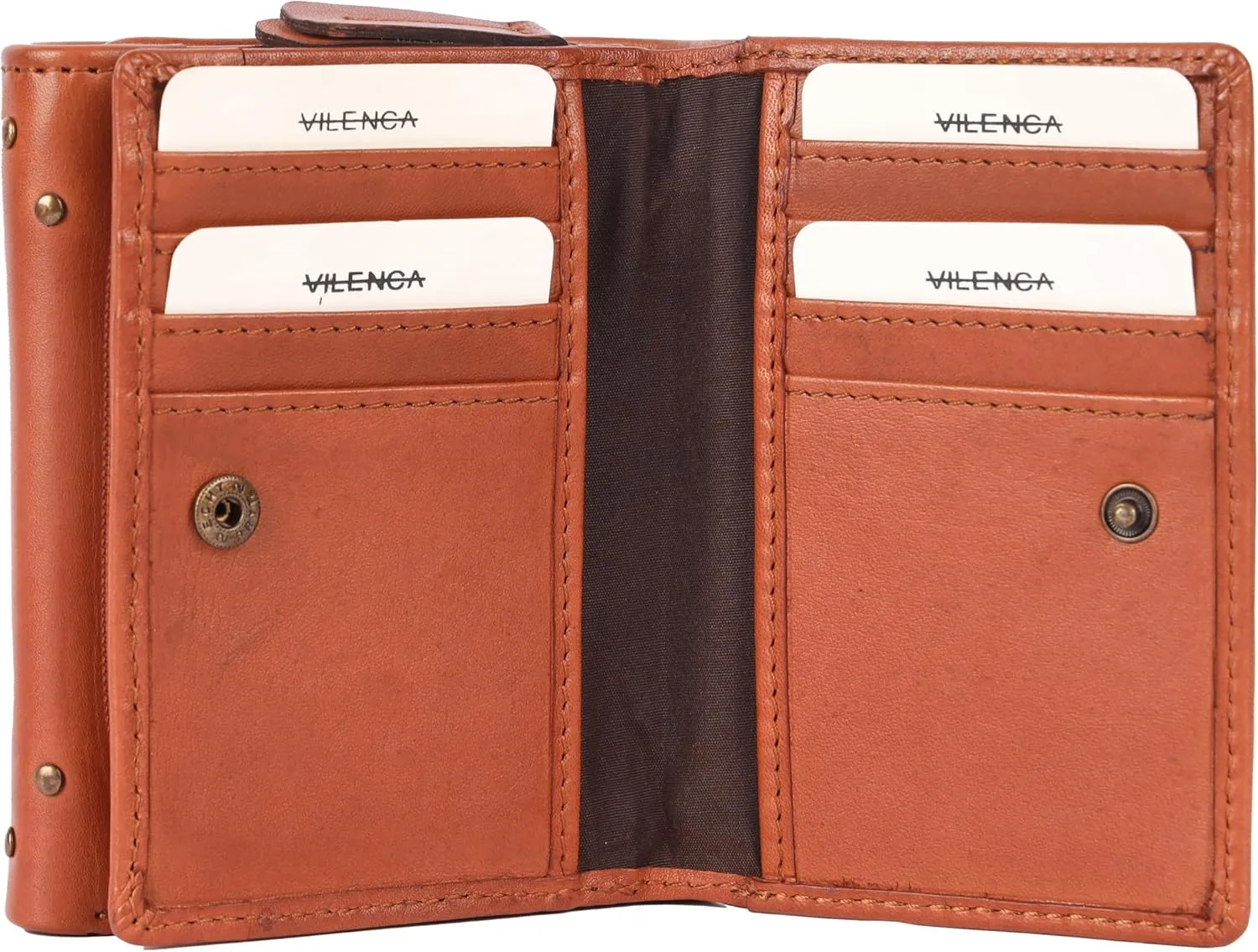 Genuine Italian Leather Boho Studded Trifold Double Flap Closure Wallet – Zipper Coin Purse & Credit Card Holder for Women (Cognac)