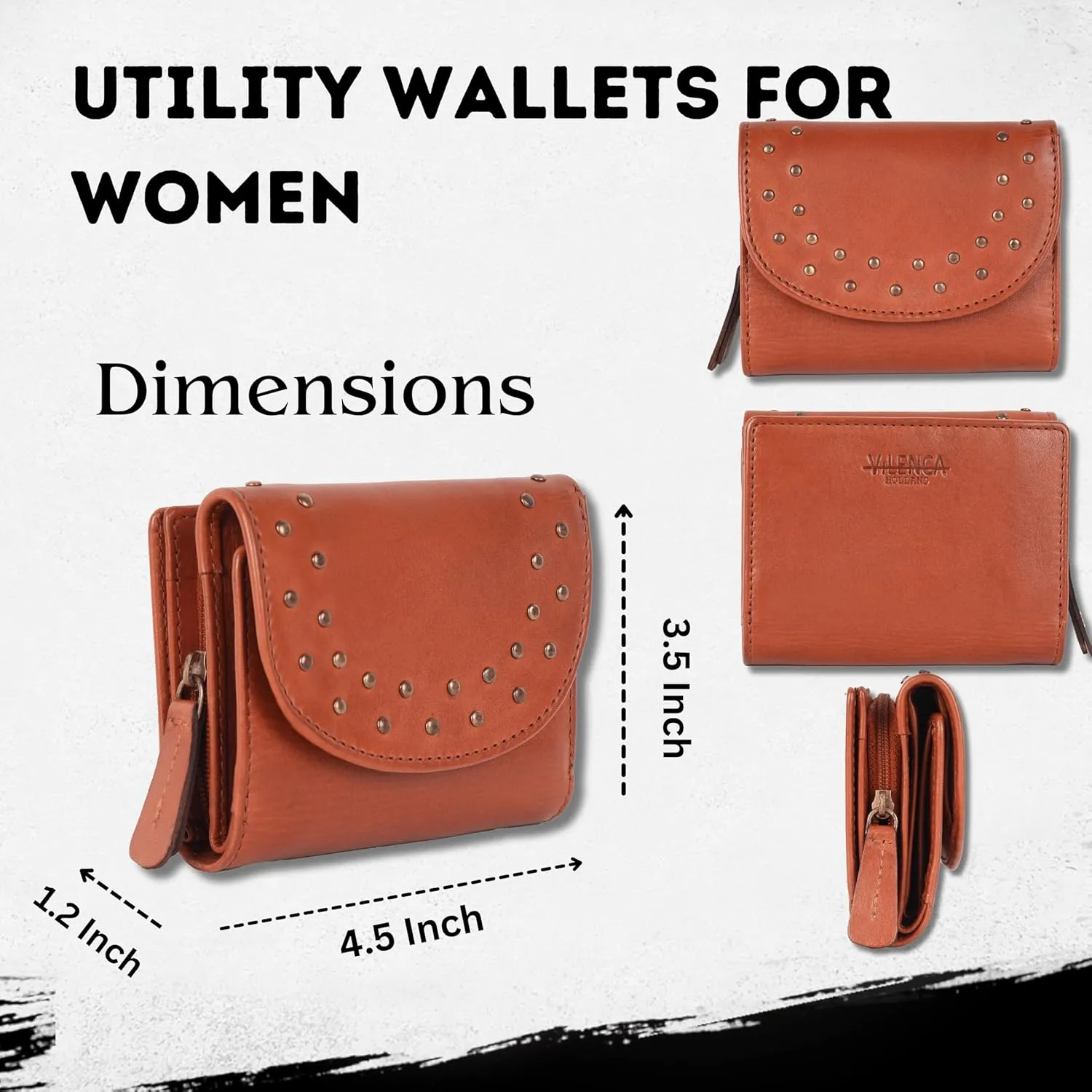 Genuine Italian Leather Boho Studded Trifold Double Flap Closure Wallet – Zipper Coin Purse & Credit Card Holder for Women (Cognac)