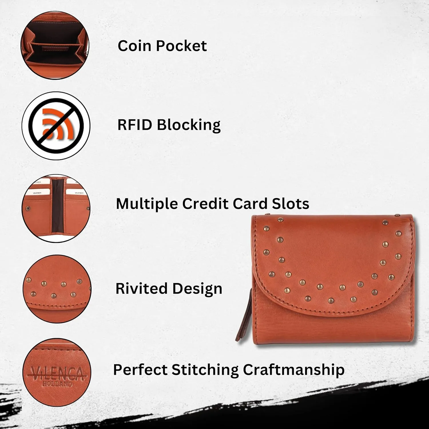 Genuine Italian Leather Boho Studded Trifold Double Flap Closure Wallet – Zipper Coin Purse & Credit Card Holder for Women (Cognac)