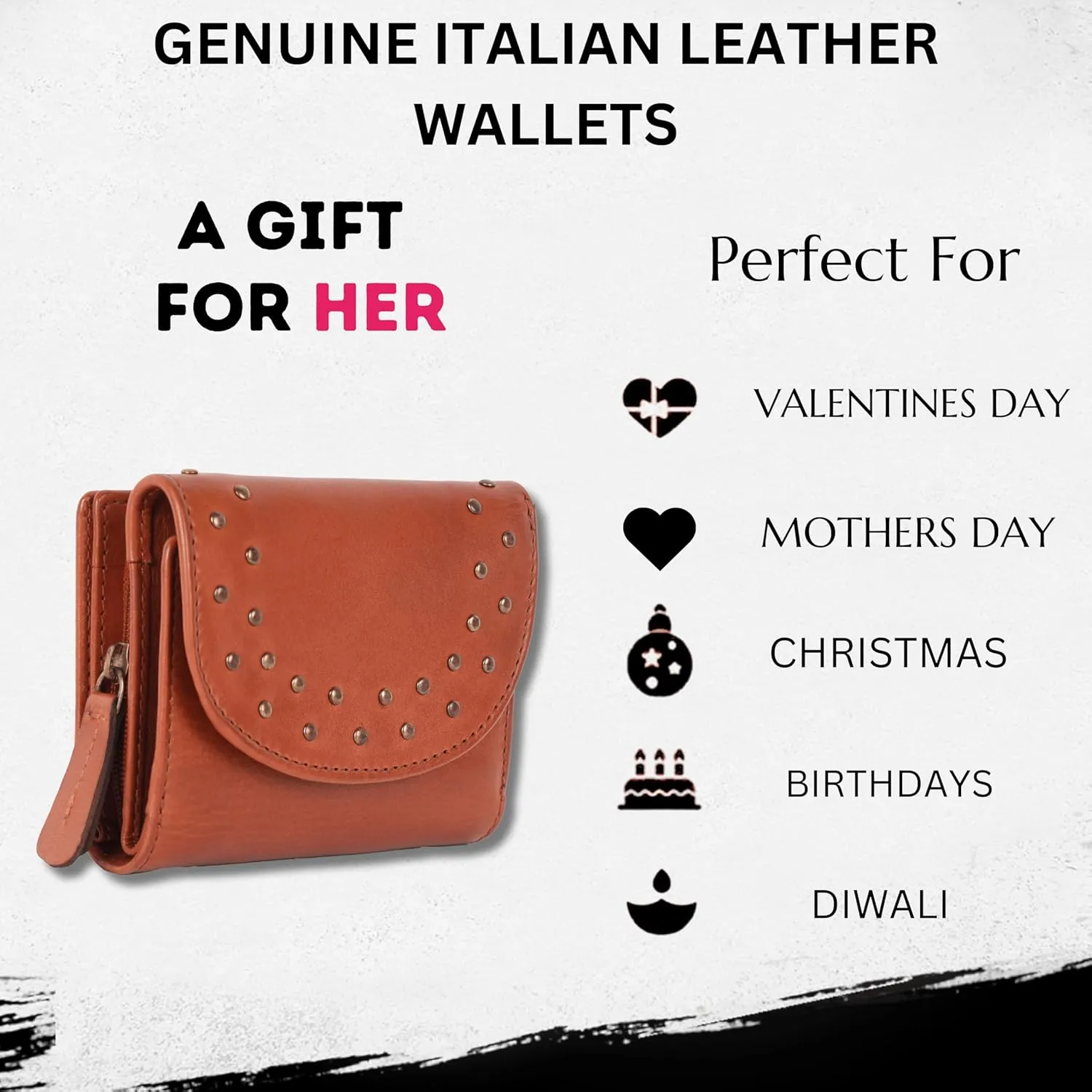 Genuine Italian Leather Boho Studded Trifold Double Flap Closure Wallet – Zipper Coin Purse & Credit Card Holder for Women (Cognac)