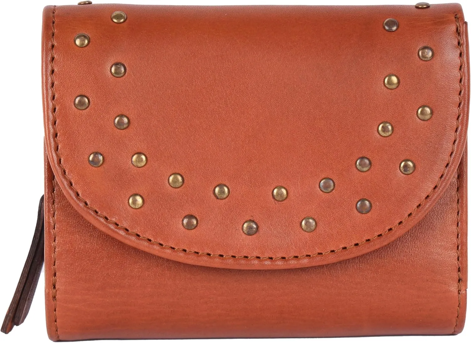 Genuine Italian Leather Boho Studded Trifold Double Flap Closure Wallet – Zipper Coin Purse & Credit Card Holder for Women (Cognac)