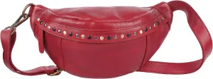 Genuine Italian Leather Boho Studded Waist Bag – Stylish & Durable Unisex Travel Fanny Pack for Essentials (Red)