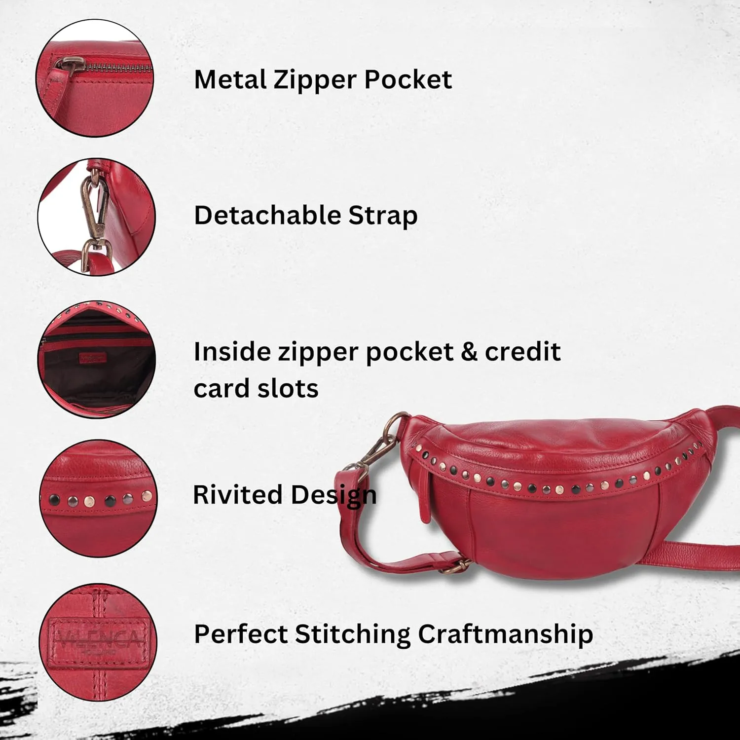 Genuine Italian Leather Boho Studded Waist Bag – Stylish & Durable Unisex Travel Fanny Pack for Essentials (Red)