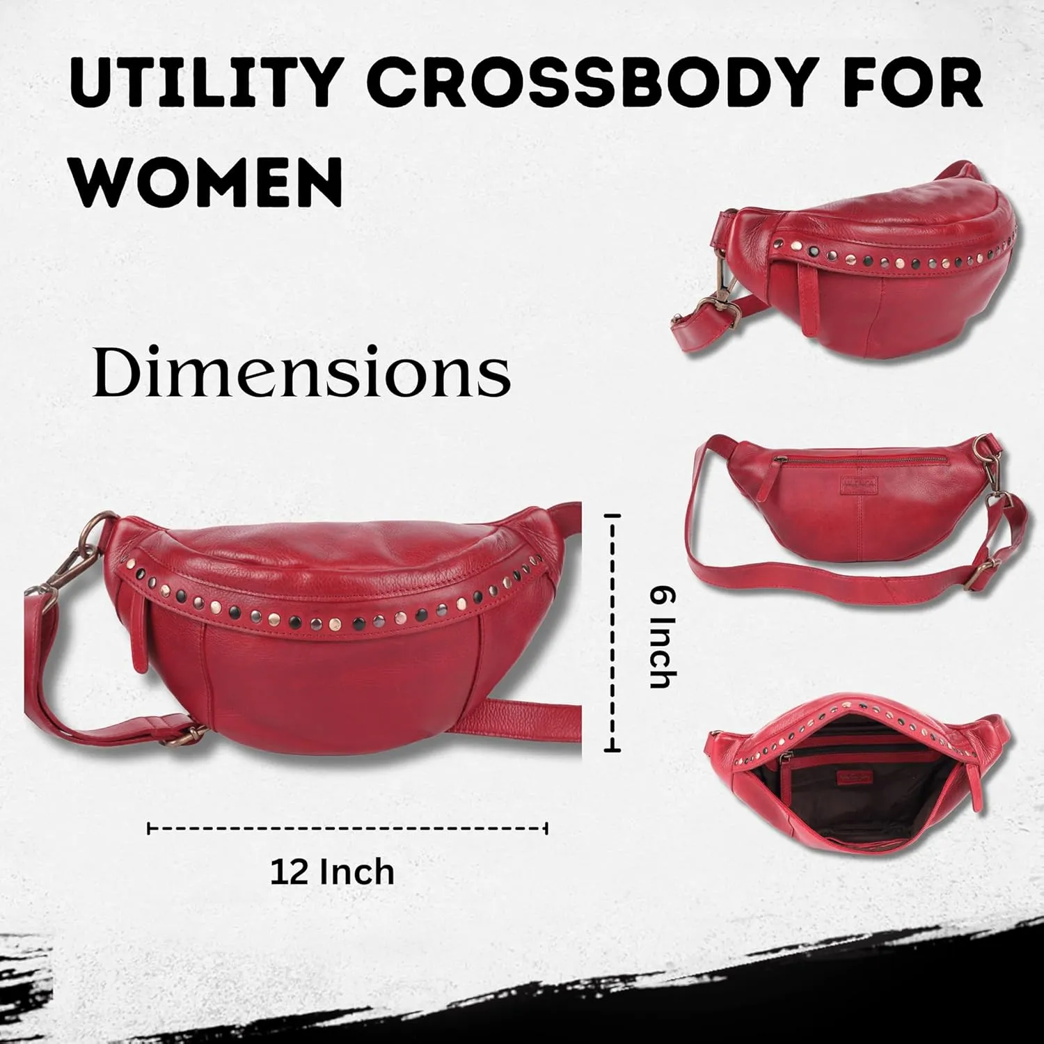 Genuine Italian Leather Boho Studded Waist Bag – Stylish & Durable Unisex Travel Fanny Pack for Essentials (Red)