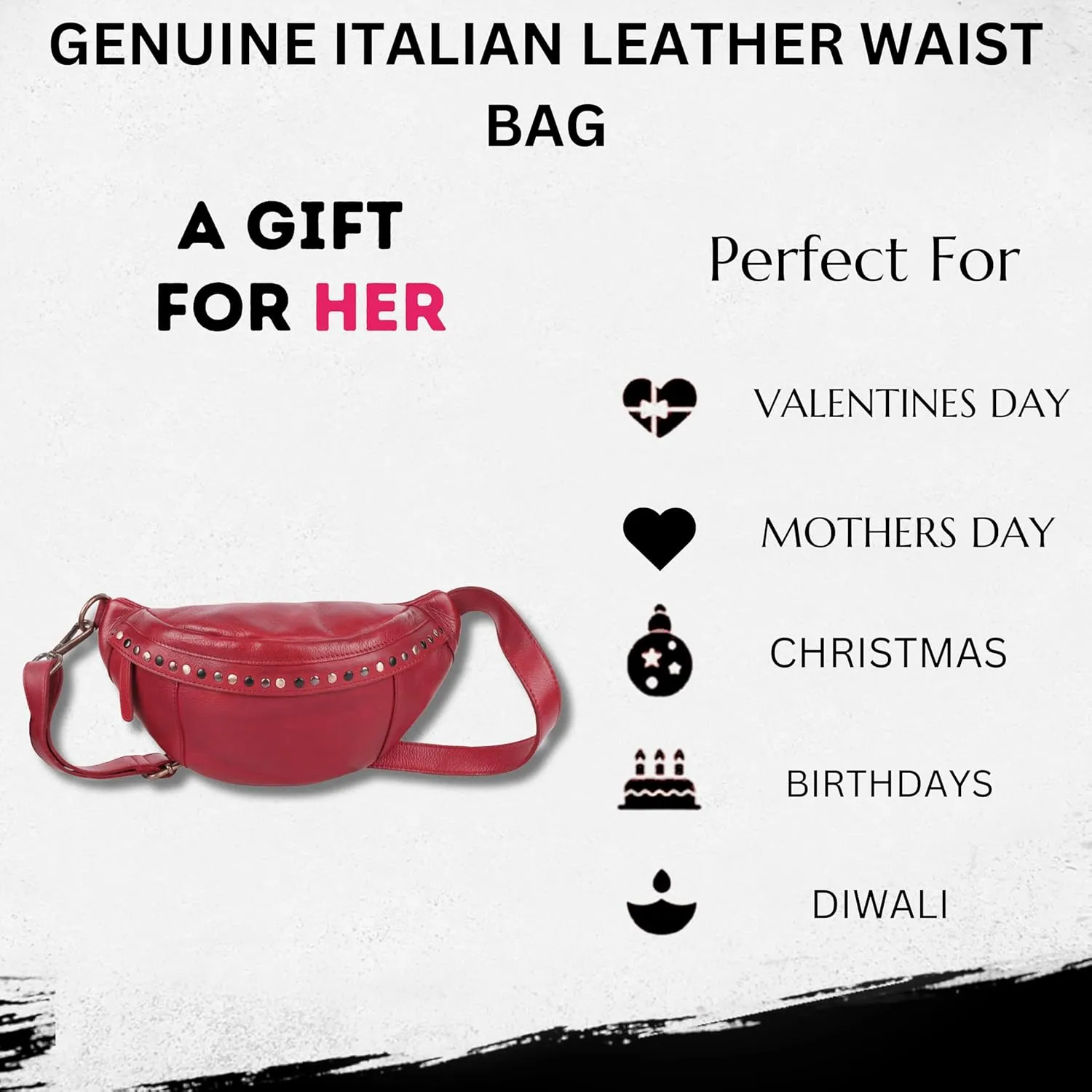 Genuine Italian Leather Boho Studded Waist Bag – Stylish & Durable Unisex Travel Fanny Pack for Essentials (Red)