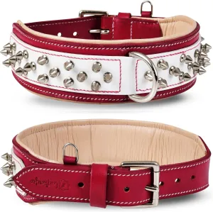Genuine Leather Dog Collar by Leatherific, Premium Bridle Leather, Heavy Duty, Padded, Strong, Screwed Spikes, Medium, Large, Extra Large Breeds, 2" Wide (Red, Neck Size 14"-18")