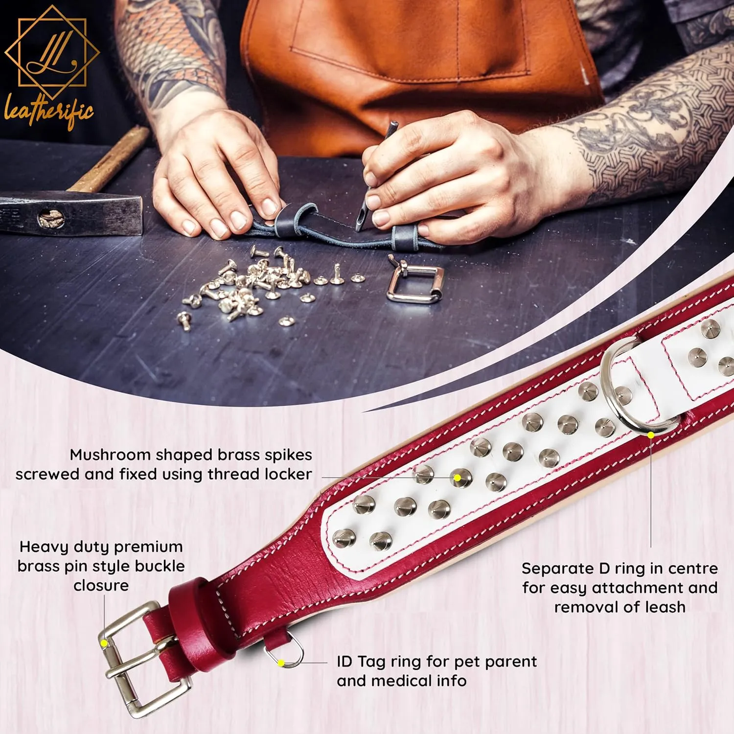 Genuine Leather Dog Collar by Leatherific, Premium Bridle Leather, Heavy Duty, Padded, Strong, Screwed Spikes, Medium, Large, Extra Large Breeds, 2" Wide (Red, Neck Size 14"-18")