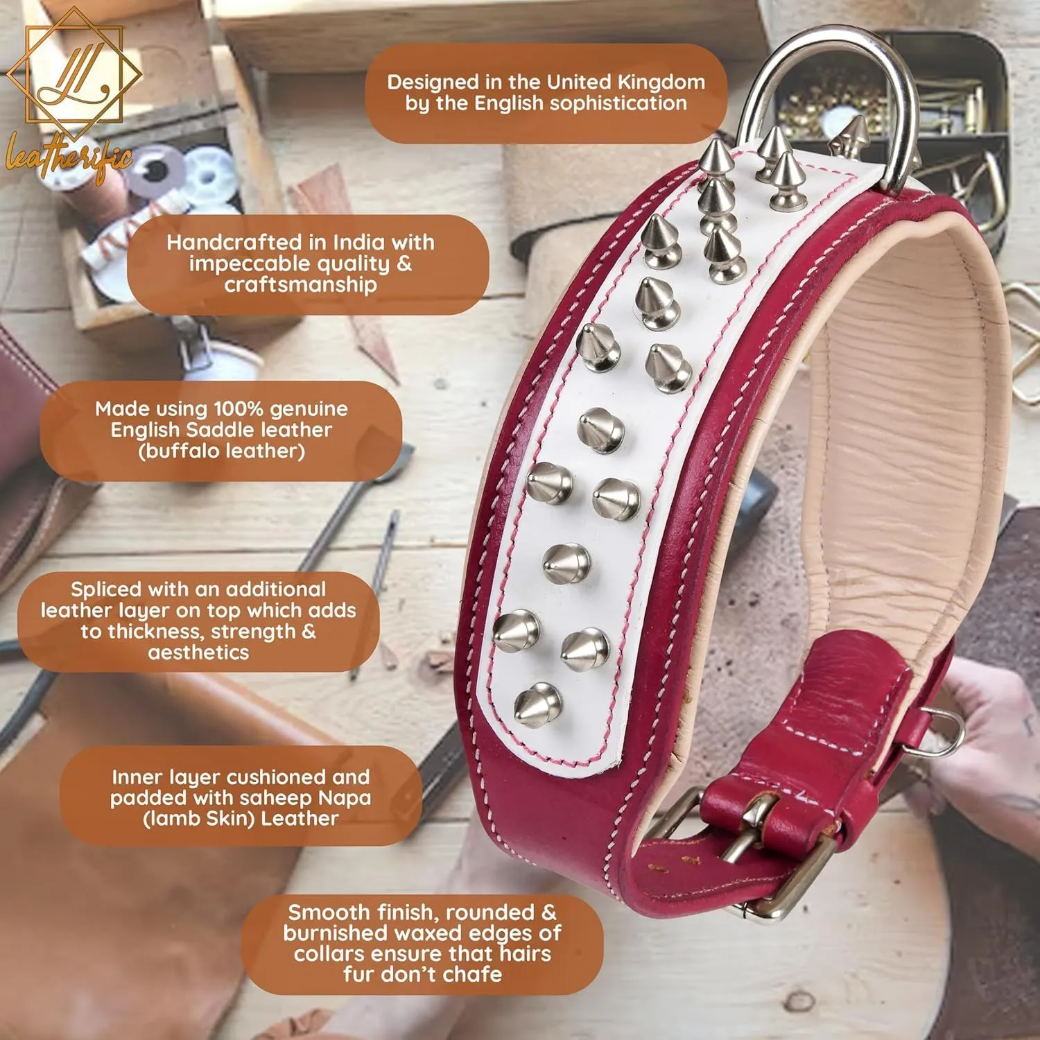 Genuine Leather Dog Collar by Leatherific, Premium Bridle Leather, Heavy Duty, Padded, Strong, Screwed Spikes, Medium, Large, Extra Large Breeds, 2" Wide (Red, Neck Size 14"-18")