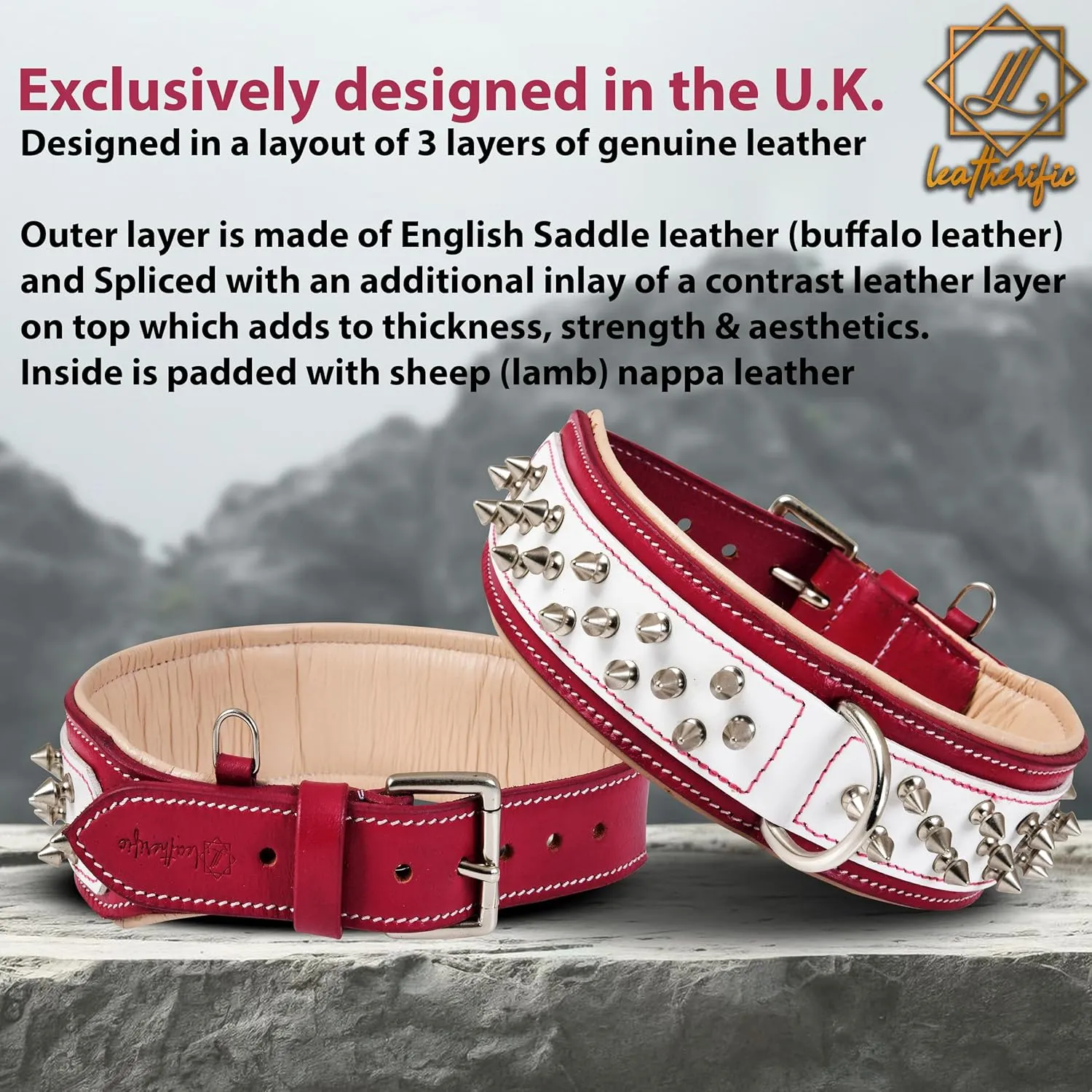 Genuine Leather Dog Collar by Leatherific, Premium Bridle Leather, Heavy Duty, Padded, Strong, Screwed Spikes, Medium, Large, Extra Large Breeds, 2" Wide (Red, Neck Size 14"-18")