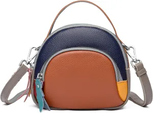 Genuine Leather Shoulder Bags for women,color blocking cowhide crossbody bags,multi layered handbag,Triple Zip Purses
