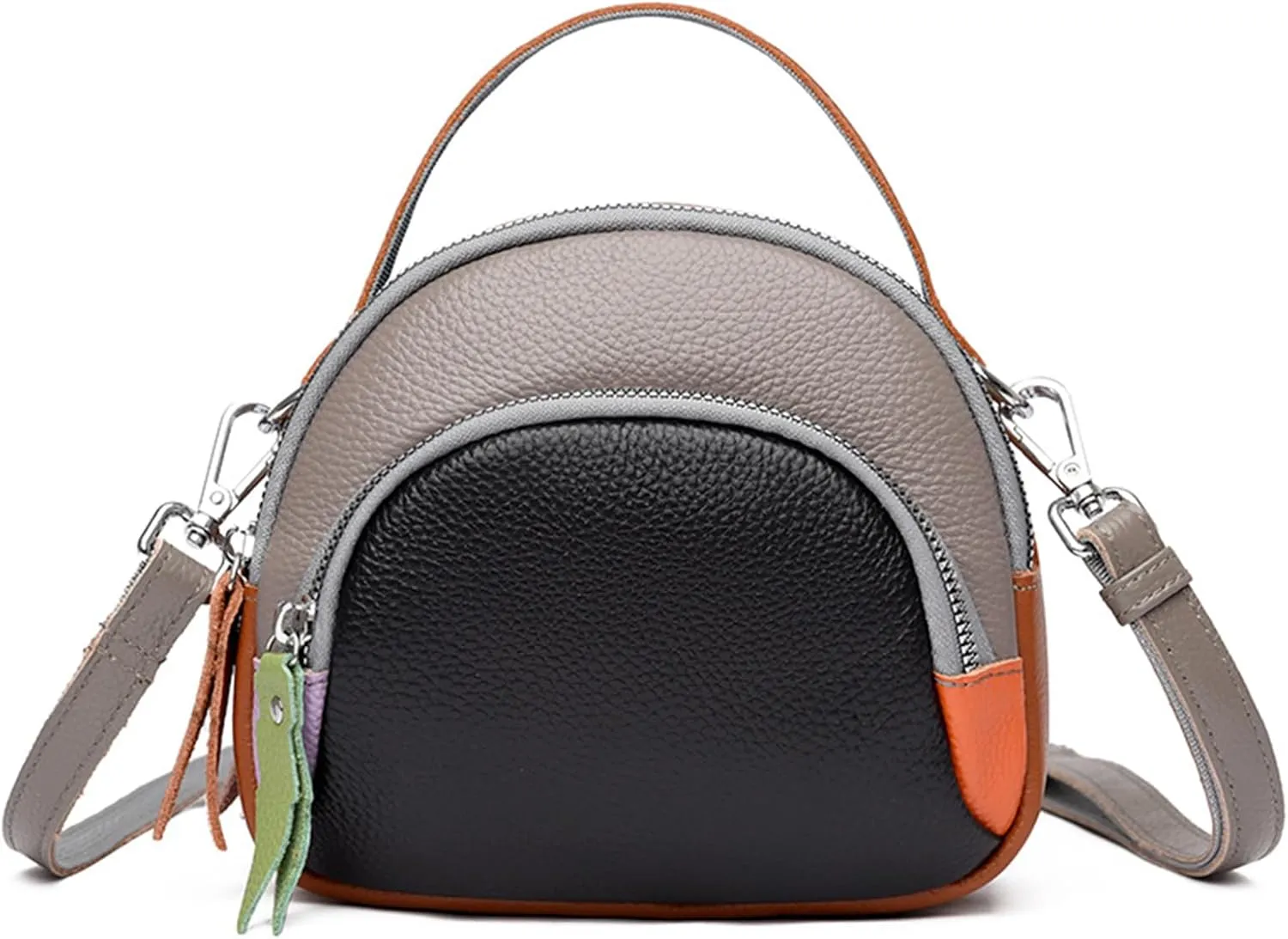Genuine Leather Shoulder Bags for women,color blocking cowhide crossbody bags,multi layered handbag,Triple Zip Purses